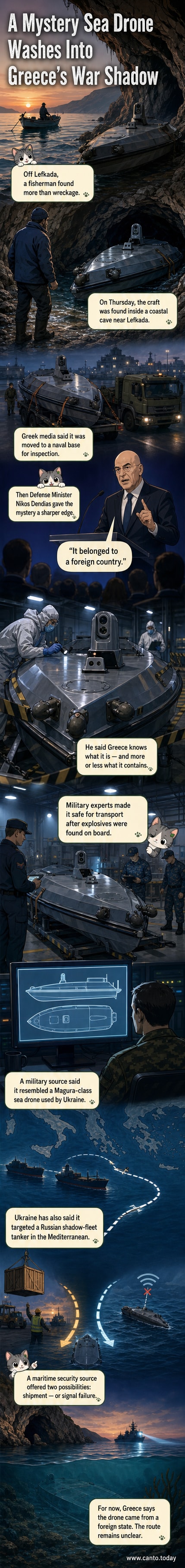 Illustration of a sea drone washed ashore on a rocky Greek coastline, with military personnel examining it under overcast skies.