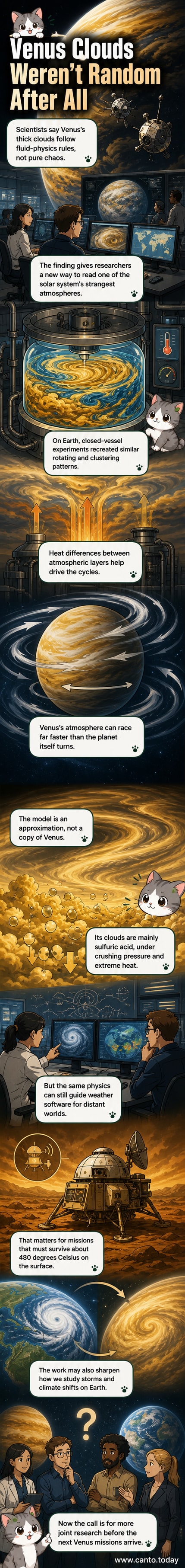Illustration of Venus with swirling yellow clouds showing directional flow, overlaid with fluid dynamics simulation patterns from a lab experiment.
