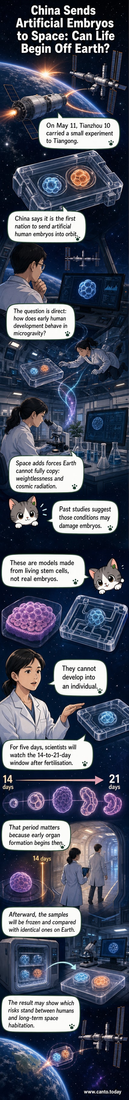 Illustration of a lab-grown embryo model inside a microfluidic chip floating in a space station, surrounded by scientific instruments and Earth in the background.