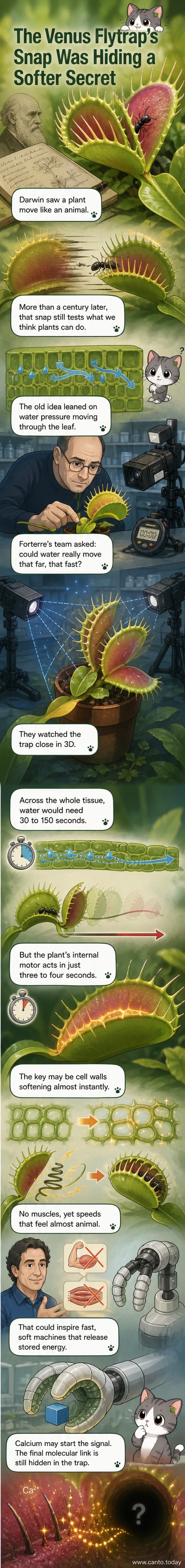 Illustration of a Venus flytrap mid-snap, with cross-sectional inset showing softening cell walls releasing elastic energy.
