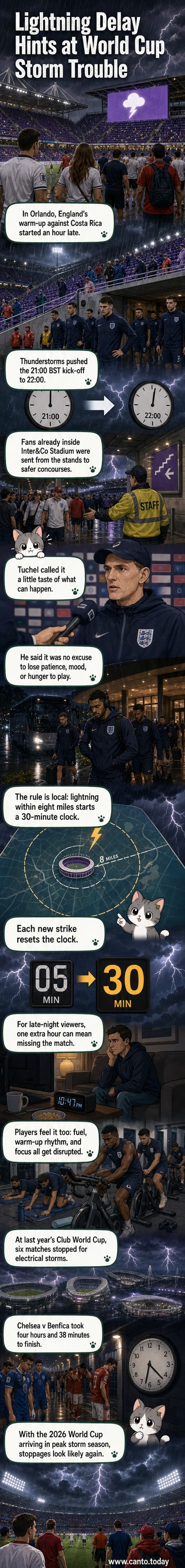 A rainy night at Inter&Co Stadium in Orlando, with empty stands and lightning in the distance, as England's World Cup warm-up game is delayed by storms.