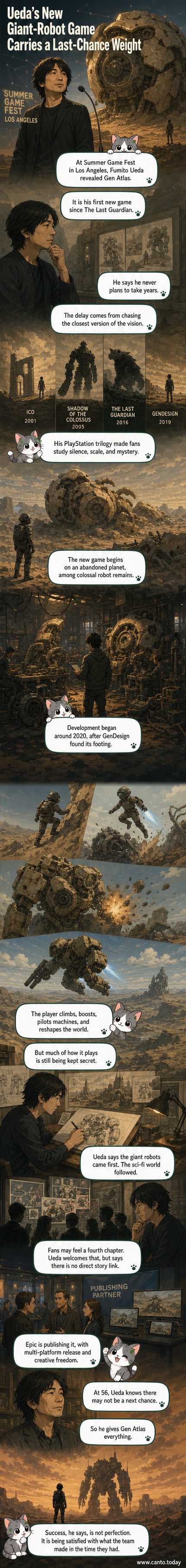 A lone figure stands beneath a massive, broken robot head on a rocky alien planet, with a desolate landscape stretching into the distance under a hazy sky.