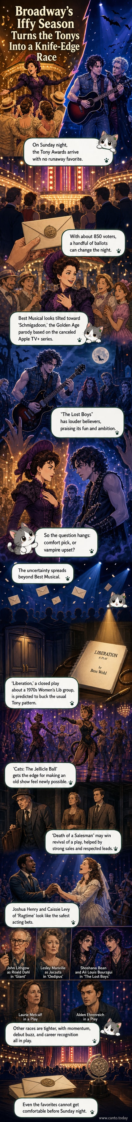 Illustration of a Tony Award statue with theater masks, spotlight beams, and silhouettes of performers from 'Schmigadoon' and 'The Lost Boys.'