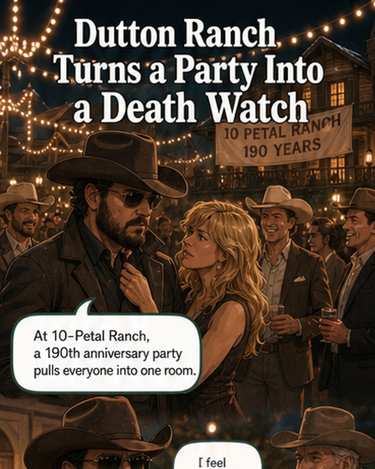 A dramatic scene from 'Dutton Ranch' Episode 7: Beulah Jackson clutches her chest as she collapses during a ranch party, with Everrett rushing toward her as guests look on in shock.