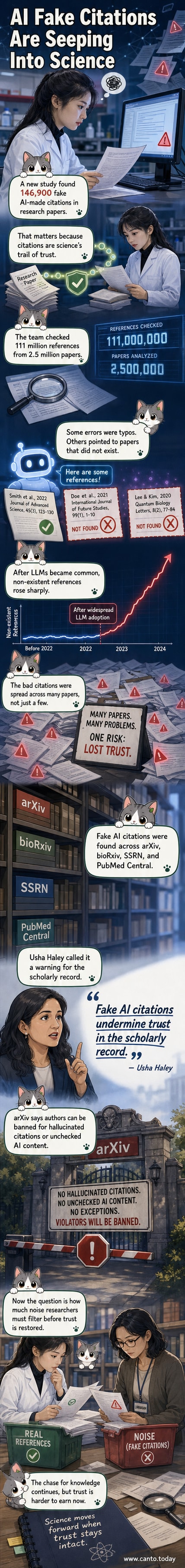 A digital illustration showing a scientist looking at a computer screen filled with glowing, floating citations—some fading into question marks—against a backdrop of a research lab and data streams.