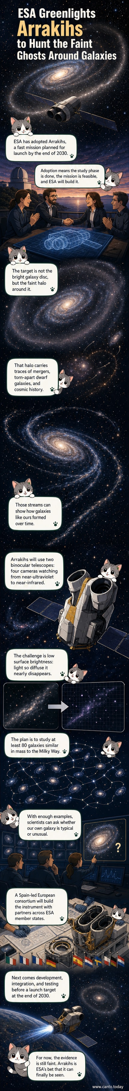 An artist's rendering of the Arrakihs spacecraft observing faint light from a distant galaxy's halo, with a split view showing the visible galaxy disc and the surrounding faint stellar halo.