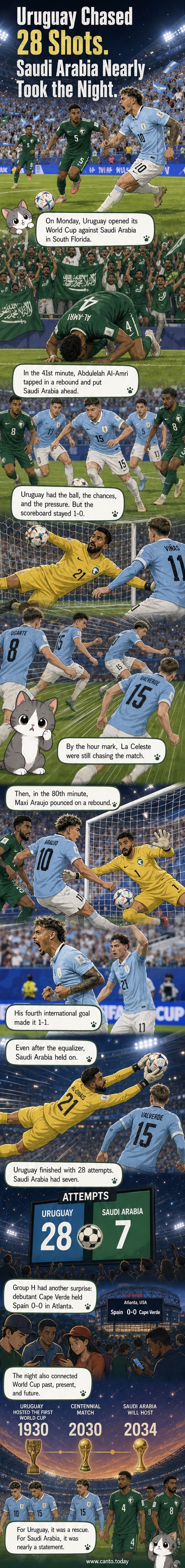 Uruguay's Maxi Araújo celebrates scoring the equalizing goal against Saudi Arabia at Hard Rock Stadium during the 2026 World Cup group stage match.