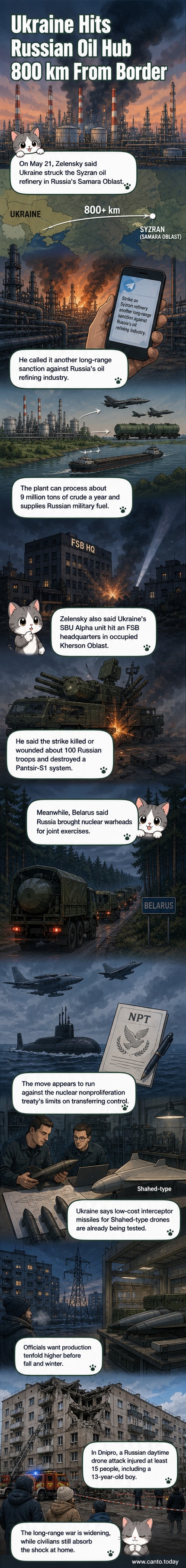 Illustrated map showing a drone strike from Ukraine reaching deep into Russian territory, hitting the Syzran oil refinery with flames and smoke rising, while another strike hits a military compound in occupied Kherson.