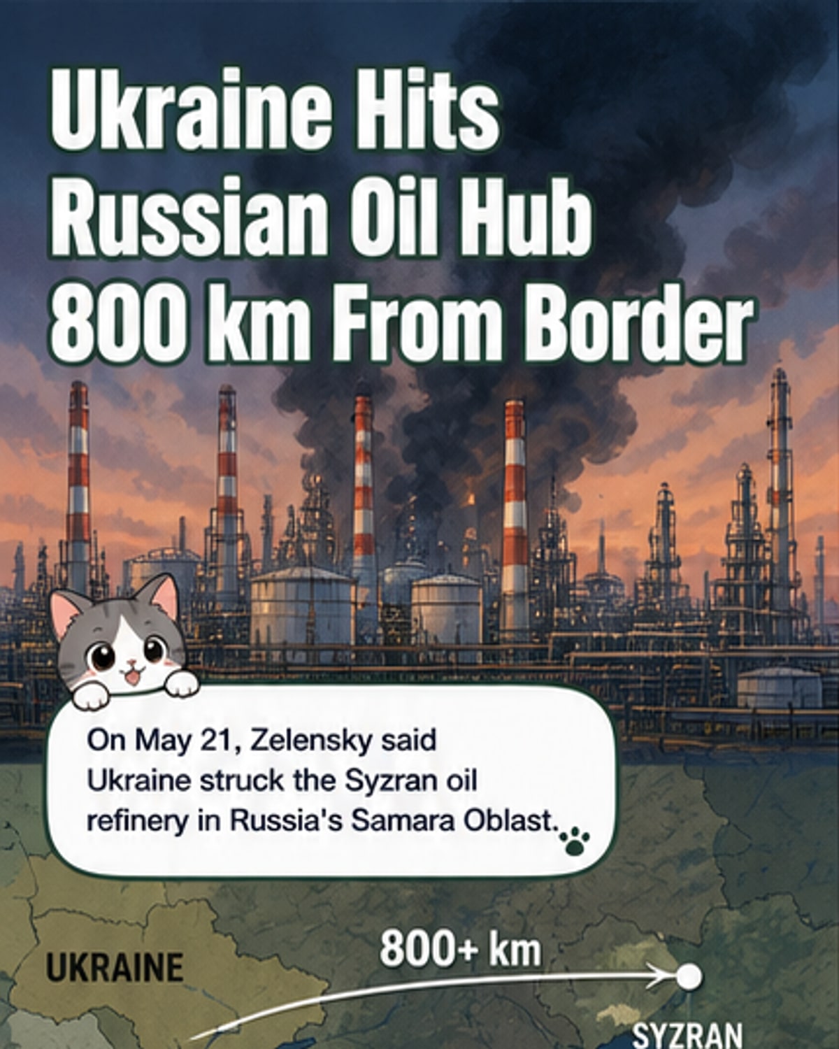 Ukraine hits Russian refinery 800km away
