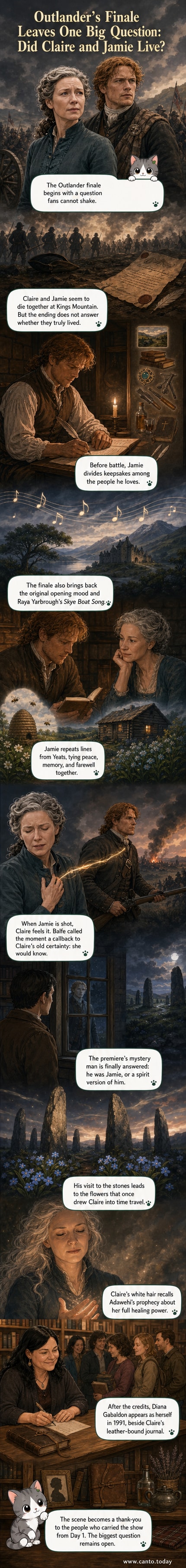 A still from the Outlander finale showing Jamie and Claire embracing, with a soft glow suggesting a spiritual or timeless moment, surrounded by symbolic elements like white hair, Gaelic text, and a faint image of the standing stones.