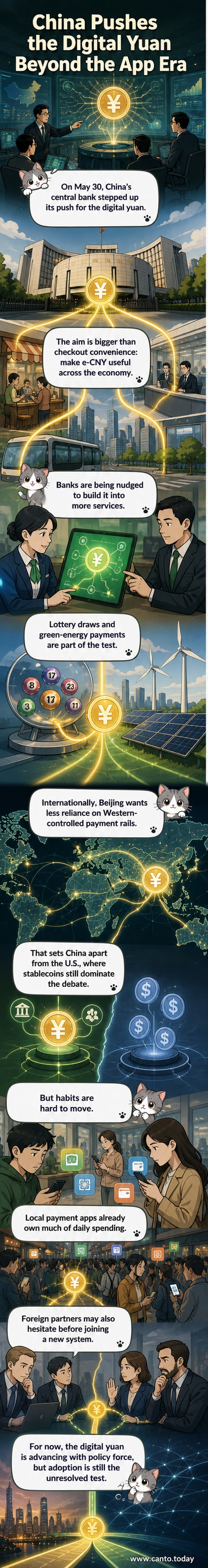 A digital yuan coin with Chinese and international symbols, floating above a network of global financial connections.