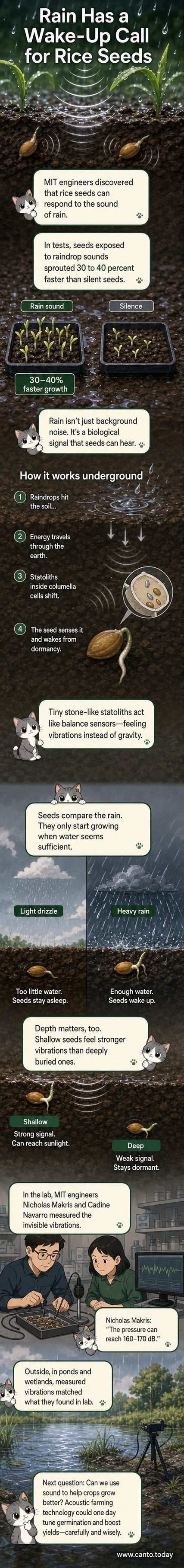 Illustration of a rice seed underground detecting sound waves from raindrops, with statoliths vibrating inside its cells.