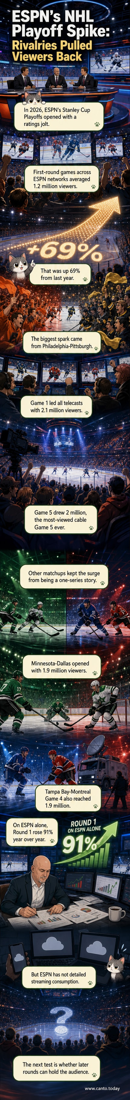 A split-screen illustration showing fans celebrating in Philadelphia and Pittsburgh during a Flyers-Penguins playoff game, with TV ratings graphics floating above.