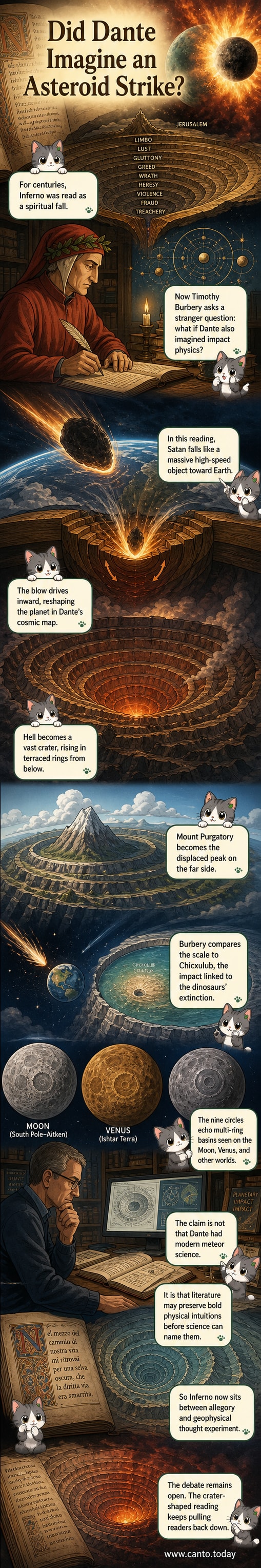 An illustrated cross-section of Earth showing a massive crater beneath the surface labeled 'Hell' and a towering mountain on the opposite side labeled 'Purgatory,' with a fiery object resembling Satan embedded deep in the core, evoking both medieval art and planetary impact science.