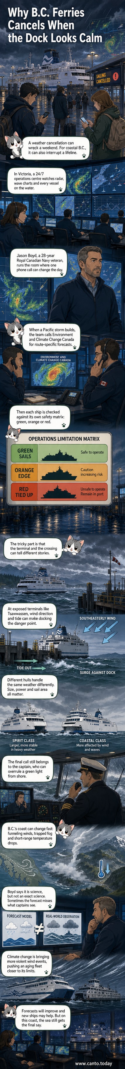 A dimly lit operations center with large screens showing radar, wave heights, and ferry routes, where staff monitor weather and vessel safety for BC Ferries.