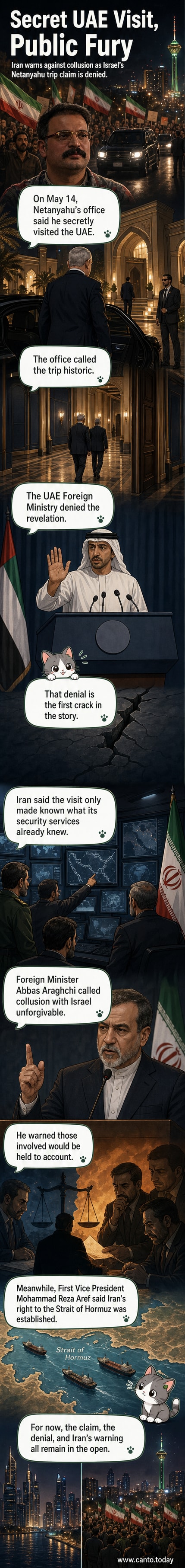 Illustrated panel showing a tense meeting in the Middle East, with leaders from Iran, Israel, and the UAE depicted near a map highlighting the Strait of Hormuz, symbolizing diplomatic friction.