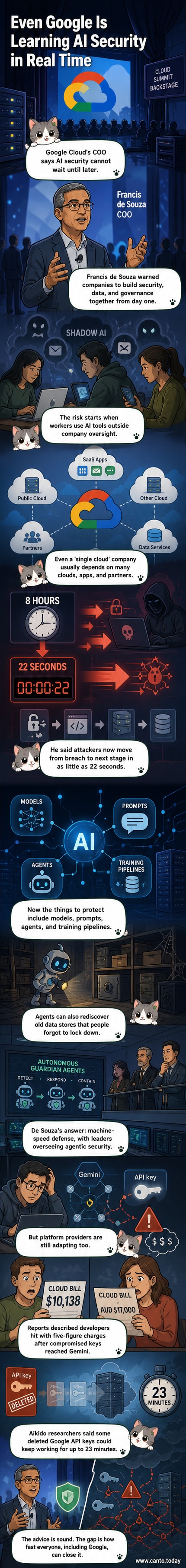 Illustration of a digital fortress with AI agents slipping through cracks, while a Google Cloud logo appears in the background with a warning symbol.