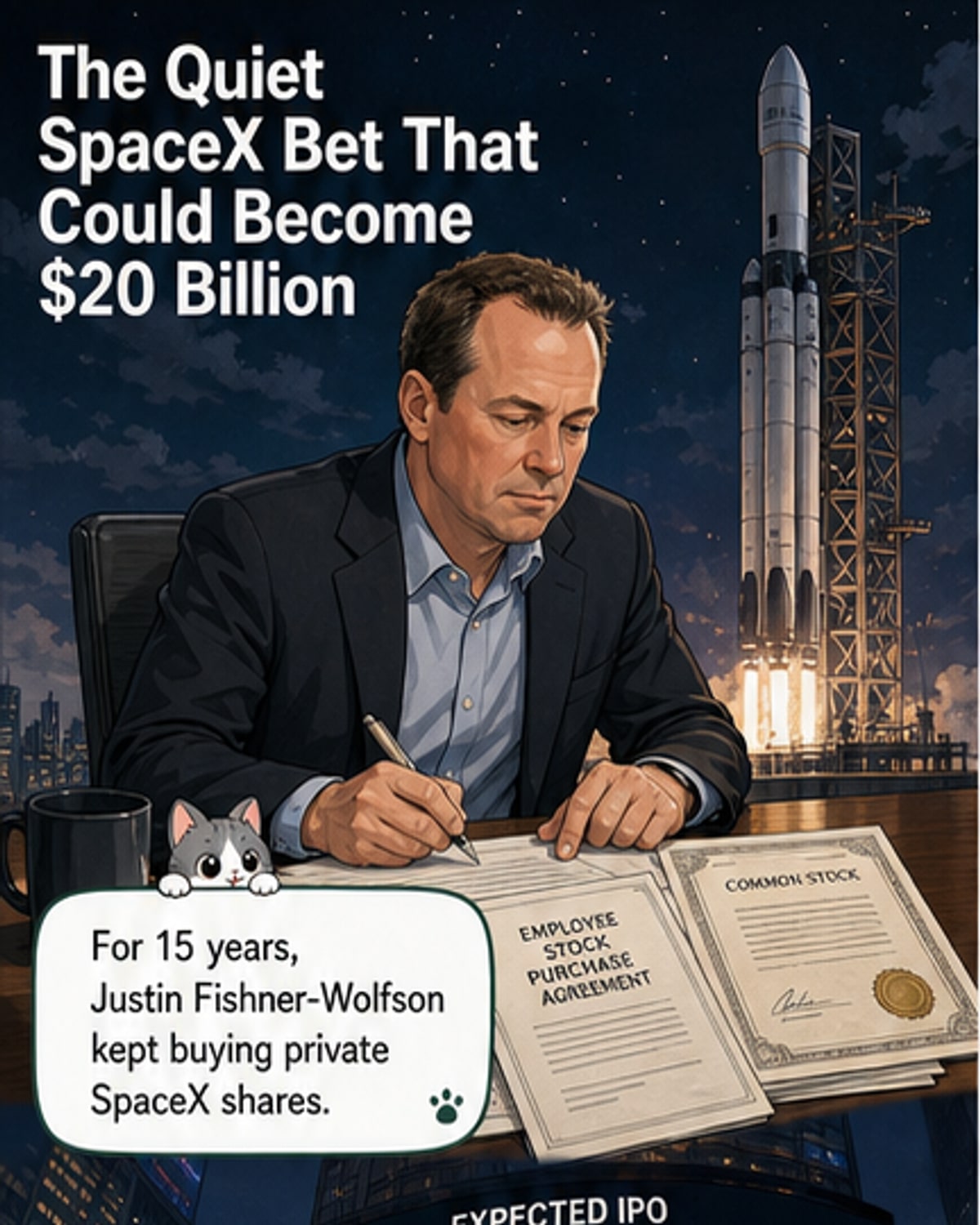 Illustration of a calm investor sitting beside a rocket, with stock charts and a SpaceX engine in the background.