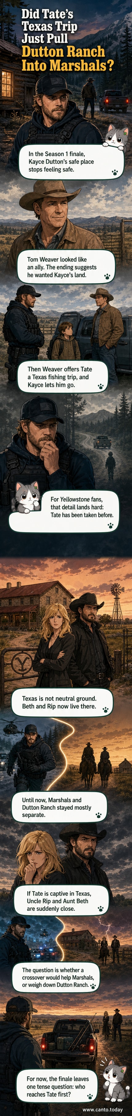 A tense scene showing Tom Weaver standing beside a truck with young Tate Dutton nearby, dusk settling over a remote Texas ranch road.