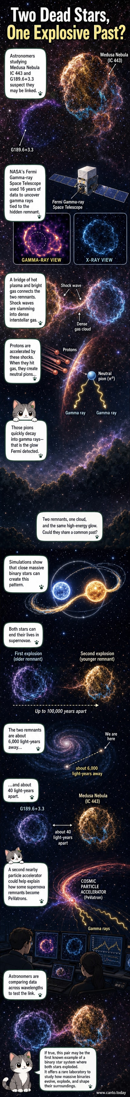 Illustration of two overlapping supernova remnants in the Gemini constellation, with shock waves and gamma-ray emissions highlighted.