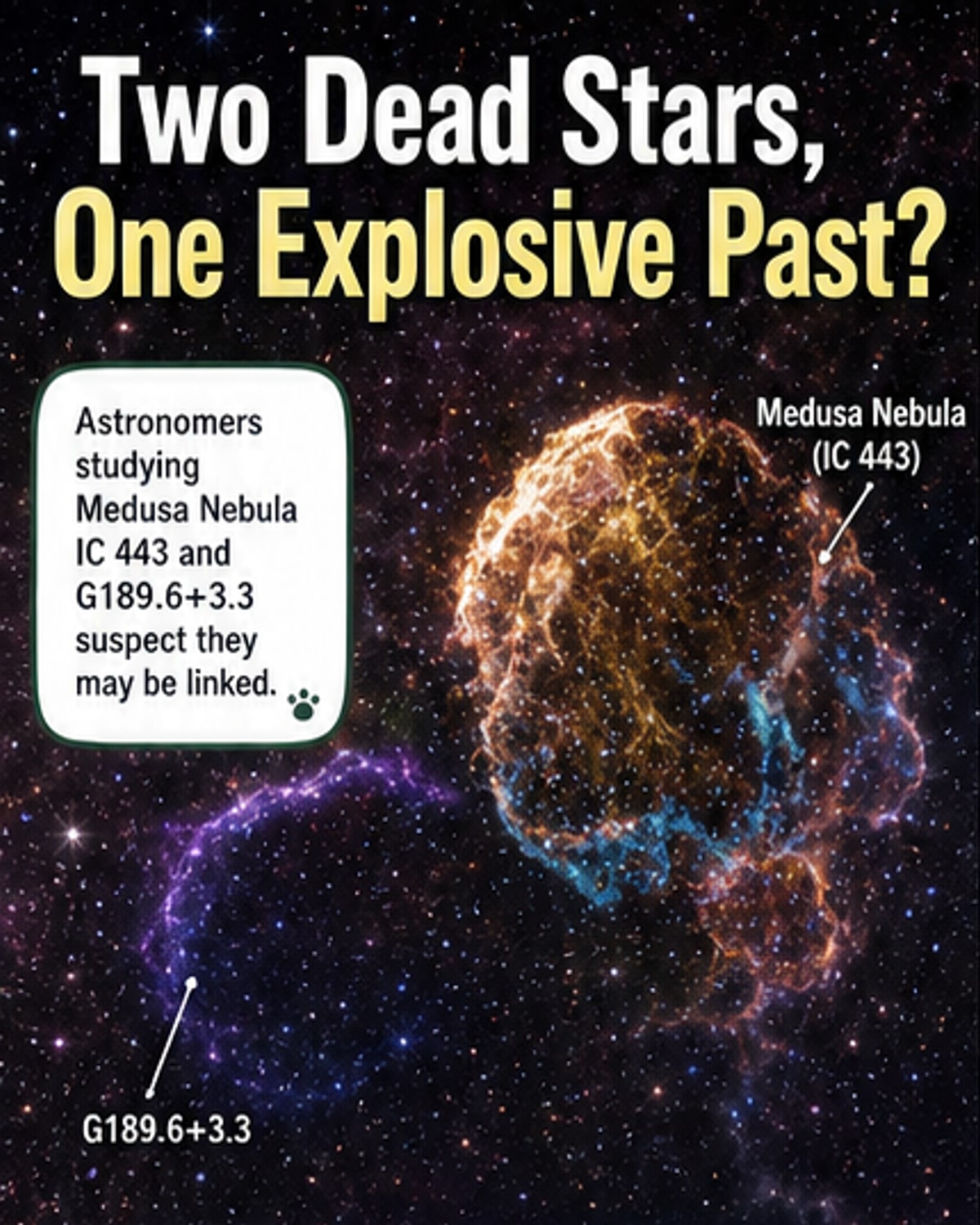 Illustration of two overlapping supernova remnants in the Gemini constellation, with shock waves and gamma-ray emissions highlighted.