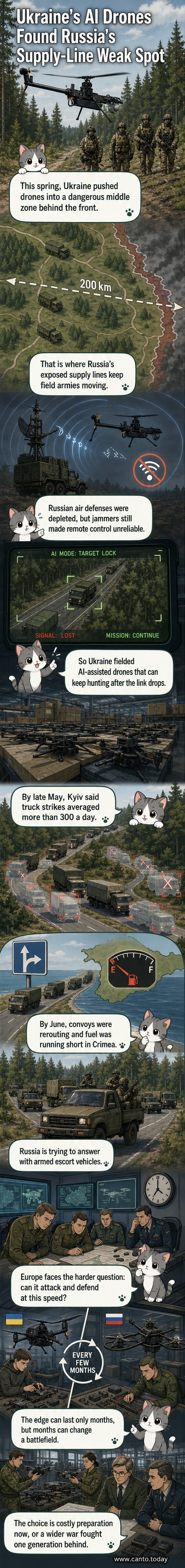Illustrated panel showing a Ukrainian AI drone flying over a convoy of Russian trucks at night, with targeting data overlay and electronic warfare signals in the background.