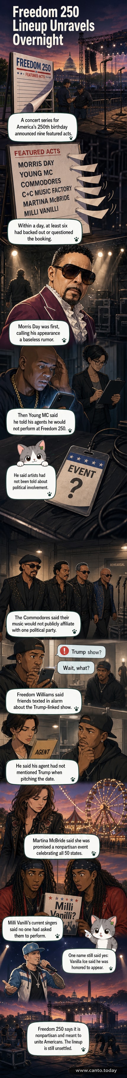 Illustration of a concert stage with a banner reading 'Freedom 250' and several musical acts walking away, while one figure in a sequined jacket stands alone on stage.