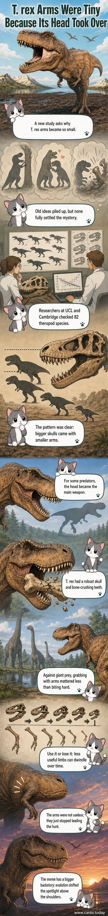 A stylized T. rex with an oversized head and tiny arms, highlighting the evolutionary tradeoff between skull size and limb reduction.