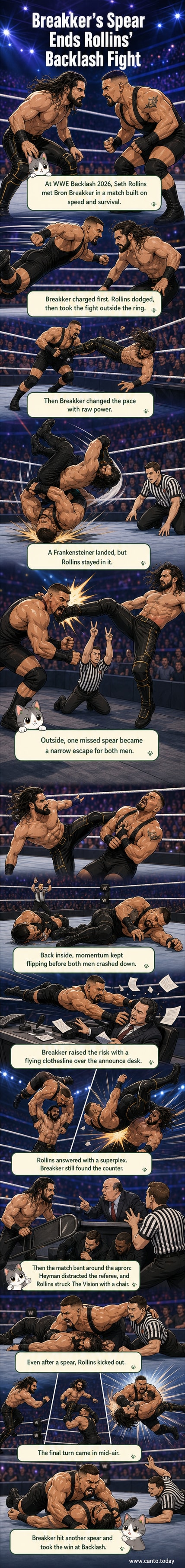 Two wrestlers in a ring, one delivering a spear to the other under dramatic stage lighting.