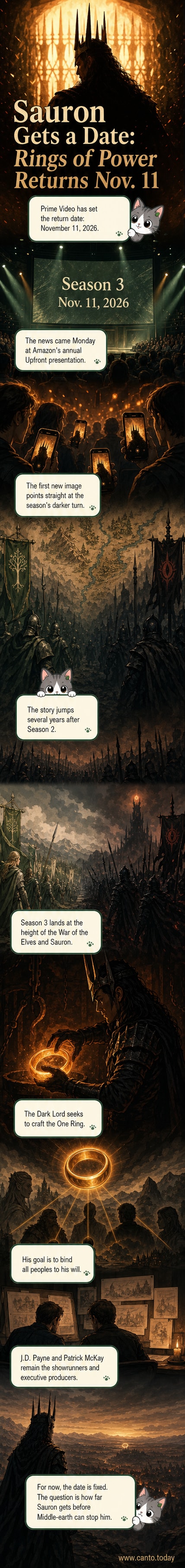 A dark, crowned figure stands atop a volcanic ridge under a red sky, hinting at Sauron’s return in The Rings of Power Season 3.