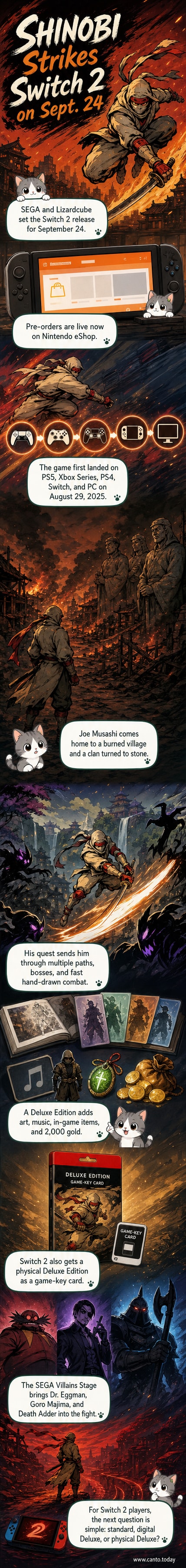 A side-scrolling action scene from SHINOBI: Art of Vengeance showing Joe Musashi in mid-combat against robotic enemies in a burning village, with hand-drawn art style and 'Switch 2' branding in the corner.