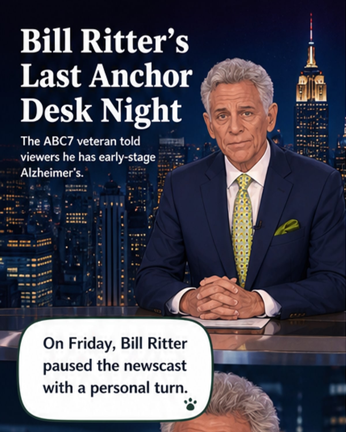 Bill Ritter, longtime ABC7 anchor, speaking solemnly on live TV as he announces his Alzheimer’s diagnosis.
