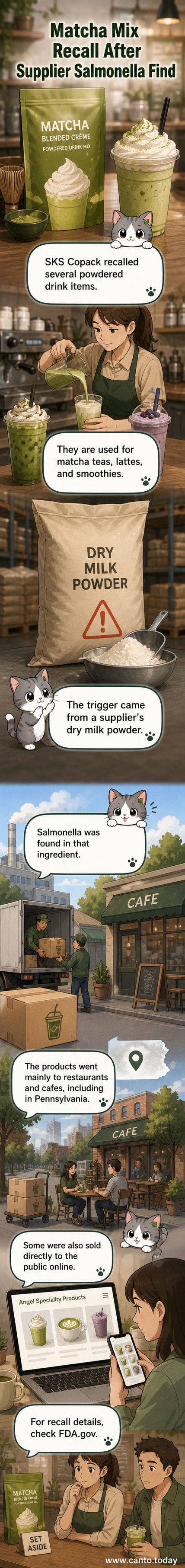 Illustration of a spilled powdered drink mix with a warning label, next to a carton labeled 'Recall due to salmonella.'
