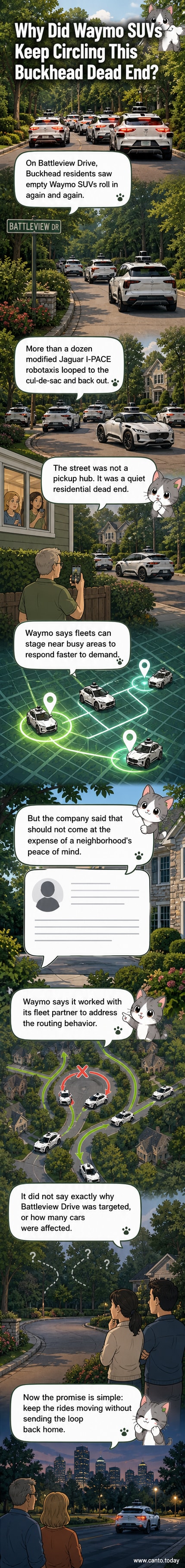 A line of white Waymo self-driving SUVs driving single file down a tree-lined residential street with a 'Dead End' sign visible.