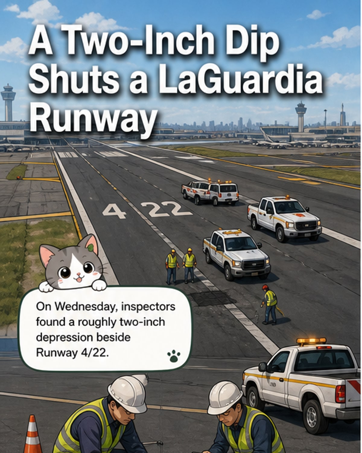 Aerial view of LaGuardia Airport with Runway 4/22 cordoned off and maintenance crews inspecting a section of the tarmac.