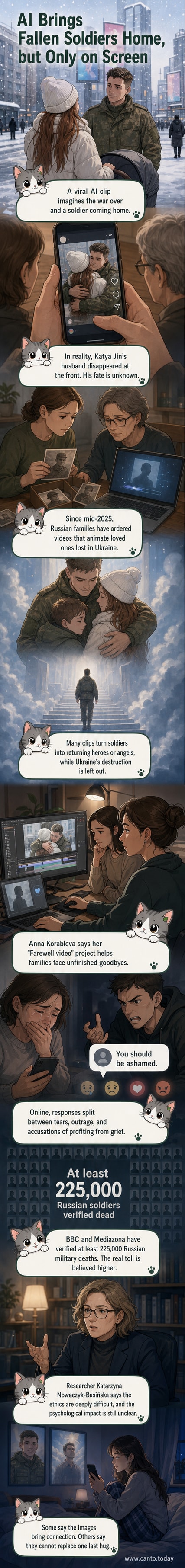 A digitally created image of a Russian soldier in uniform being embraced by his family, with a soft light and angelic imagery in the background