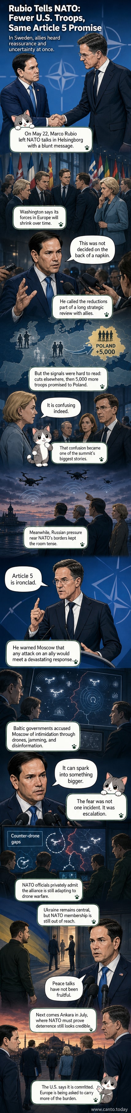 Illustrated panel showing US Secretary of State Marco Rubio speaking beside NATO Secretary-General Mark Rutte, with military drones hovering over a map of Eastern Europe in the background.