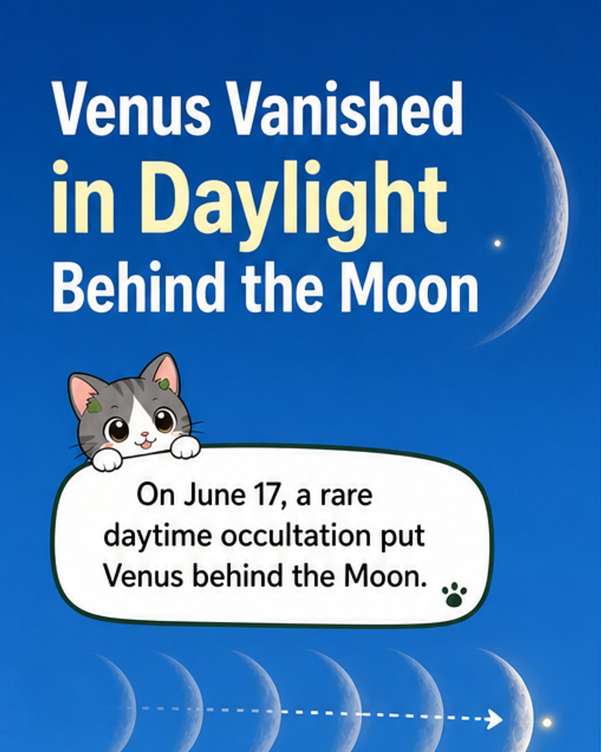 Timelapse sequence showing Venus disappearing behind and then reappearing from the crescent Moon during a rare daylight lunar occultation.