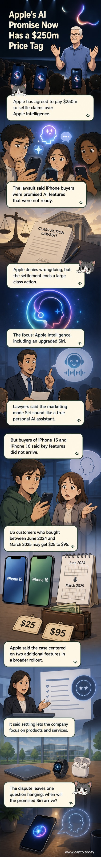 Illustration of an iPhone with a Siri icon fading out, next to a gavel and dollar signs, symbolizing the lawsuit over unmet AI promises.