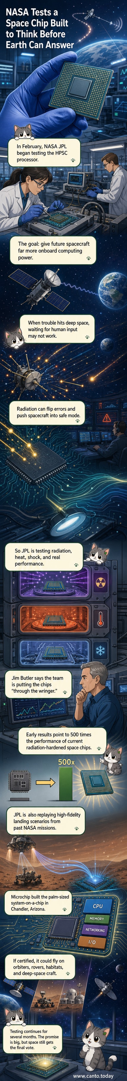Illustration of a small, advanced computer chip inside a spacecraft, with data streams and AI symbols glowing around it, set against a backdrop of deep space and Mars.