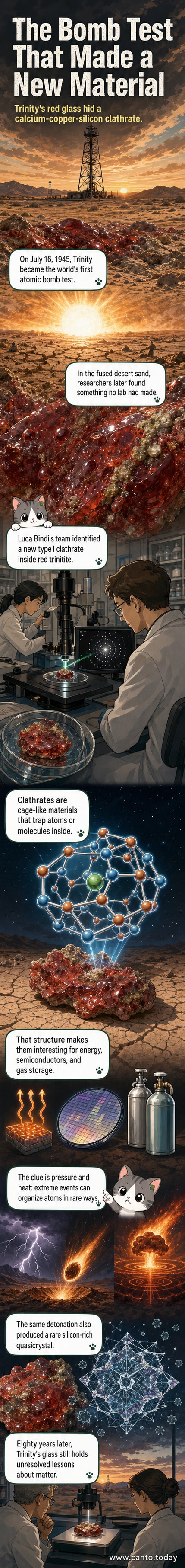 A close-up of red trinitite glass with inset highlighting a microscopic copper-rich droplet where a new clathrate material was discovered after the 1945 Trinity nuclear test.