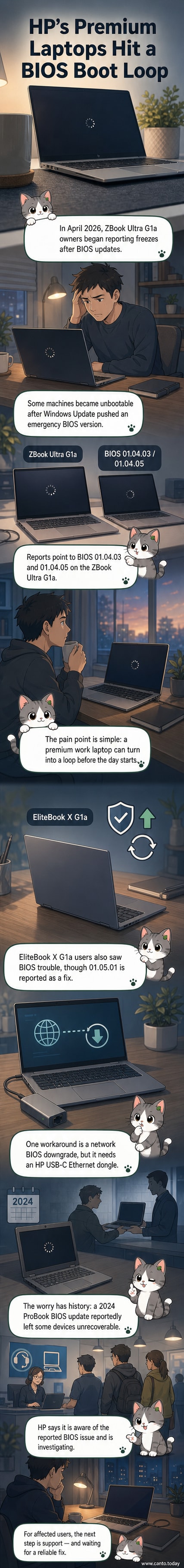 Illustration of an HP ZBook laptop frozen on a black screen with a loading spinner, next to a warning symbol and BIOS update notification.
