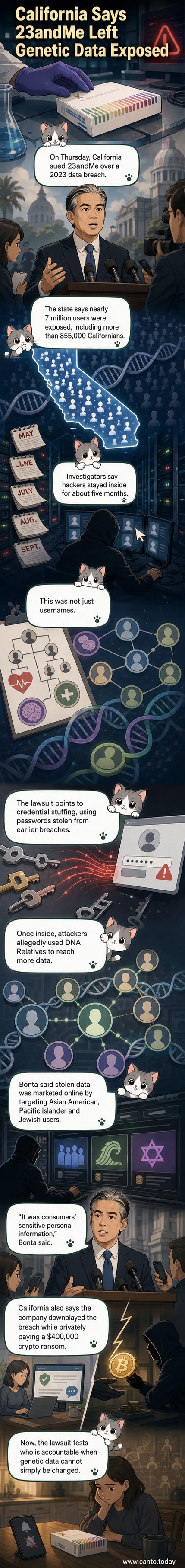 Illustration showing a cracked DNA helix with digital lock icons breaking apart, symbolizing a genetic data breach affecting hundreds of thousands in California.