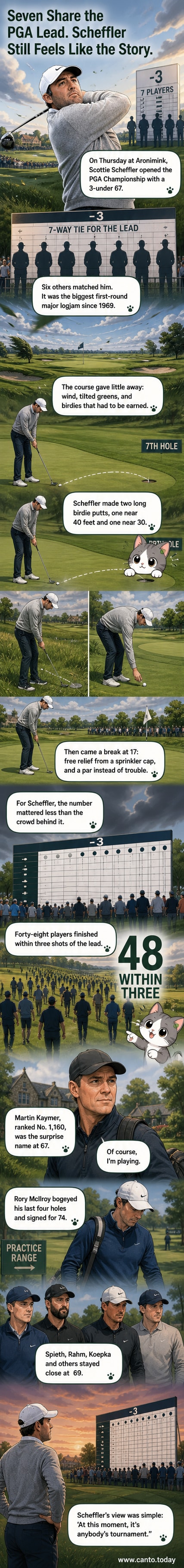 Illustration of Scottie Scheffler putting on a green at Aronimink, with six other golfers' silhouettes behind him under cloudy skies.