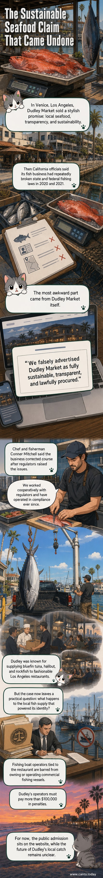 A sleek, modern seafood market with glass displays of fish, customers browsing, and a sign reading 'Sustainably Sourced' — contrasted with a legal document titled 'Violation Notice' on a counter.