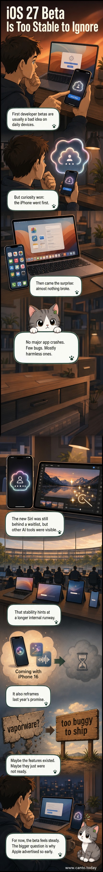 Illustration of an iPhone and MacBook showing iOS 27 and macOS 27 beta interfaces, with subtle AI icons glowing near Siri and Photos apps.