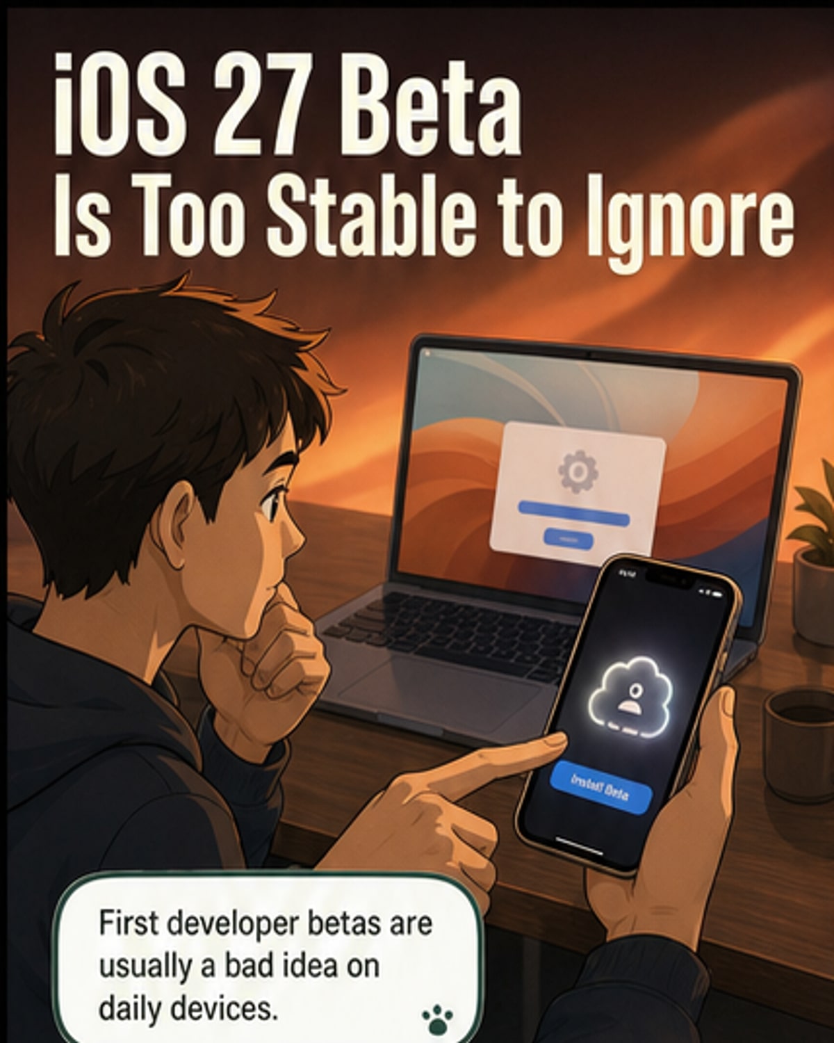Illustration of an iPhone and MacBook showing iOS 27 and macOS 27 beta interfaces, with subtle AI icons glowing near Siri and Photos apps.