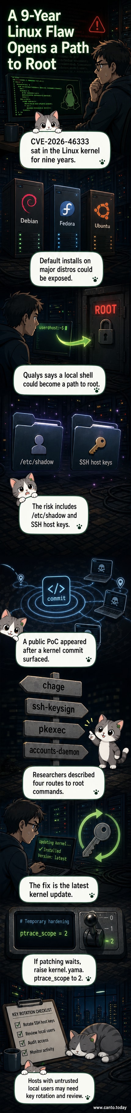 A magnifying glass over a Linux penguin logo, highlighting a hidden flaw in the kernel code that allowed unauthorized root access for years.