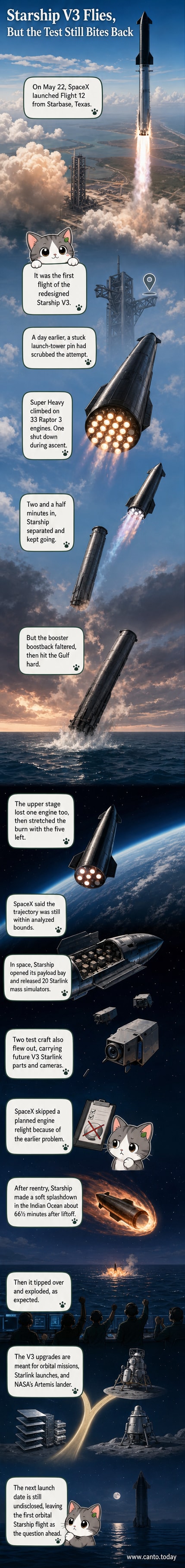 Starship V3 lifts off from Starbase, Texas, during its first test flight on May 22, 2026, with flames and smoke from the 33 Raptor engines.