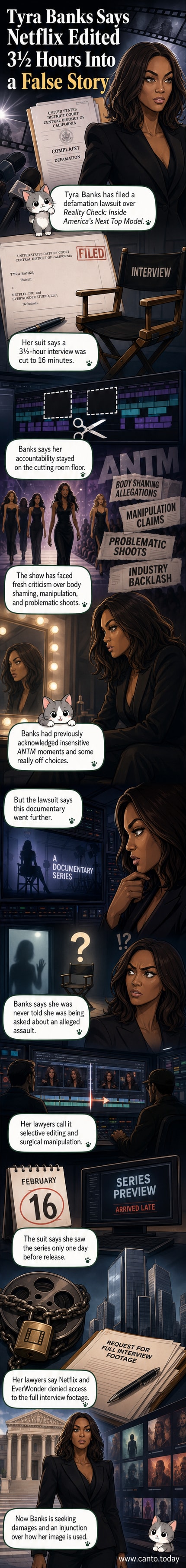 Illustration of Tyra Banks speaking into a microphone, with split panels showing a distorted version of her on a screen labeled 'Netflix edit' versus her full interview context.
